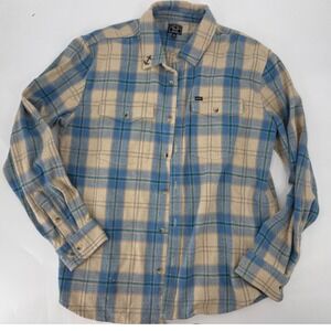 Dark Seas Division Mens XL Blue Tan Plaid Flannel Shirt Long Sleeve Anchor Pin